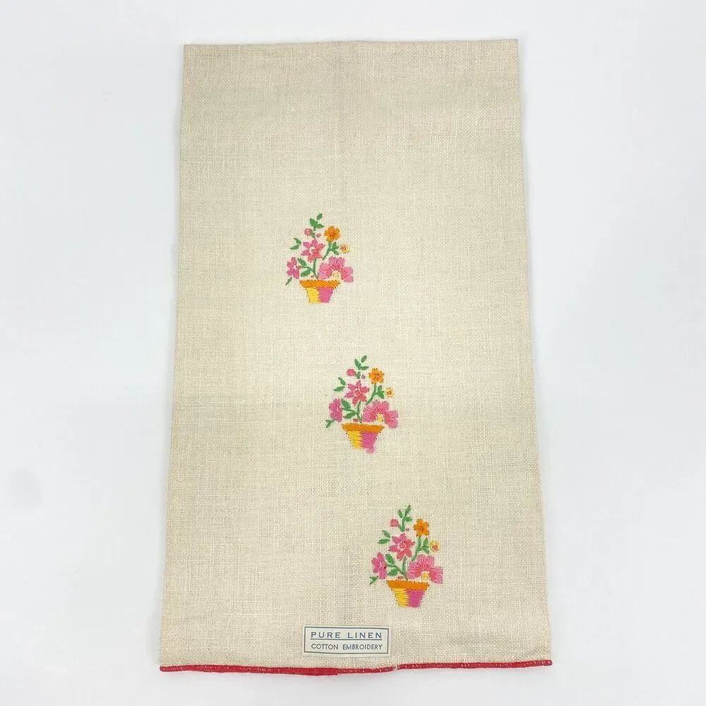 Vintage Linen Napkins Lot of 4 Floral Embroidered Ivory Red Pink